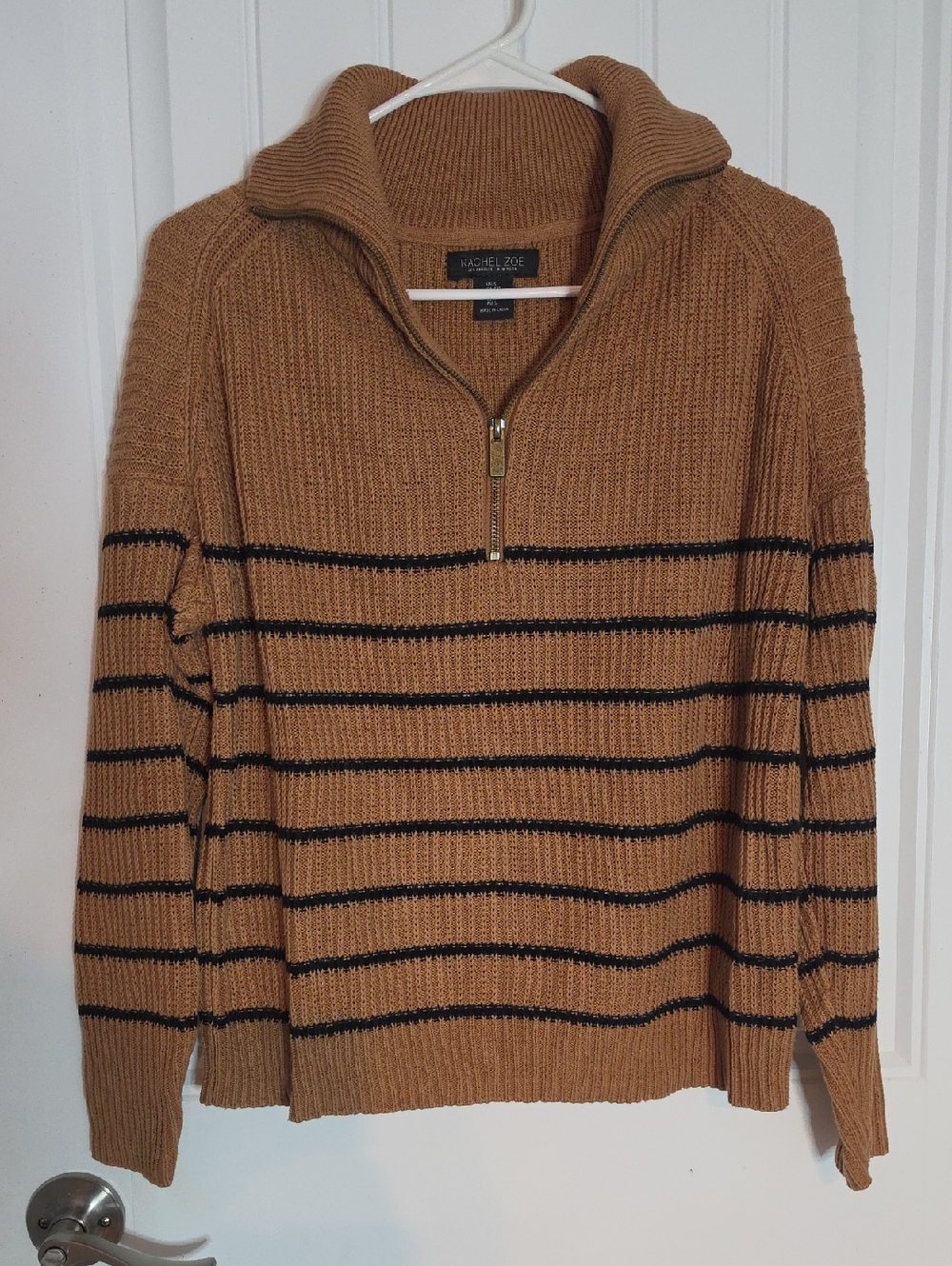 Rachel Zoe Women's Camel and Black Striped Half-Zip Sweater